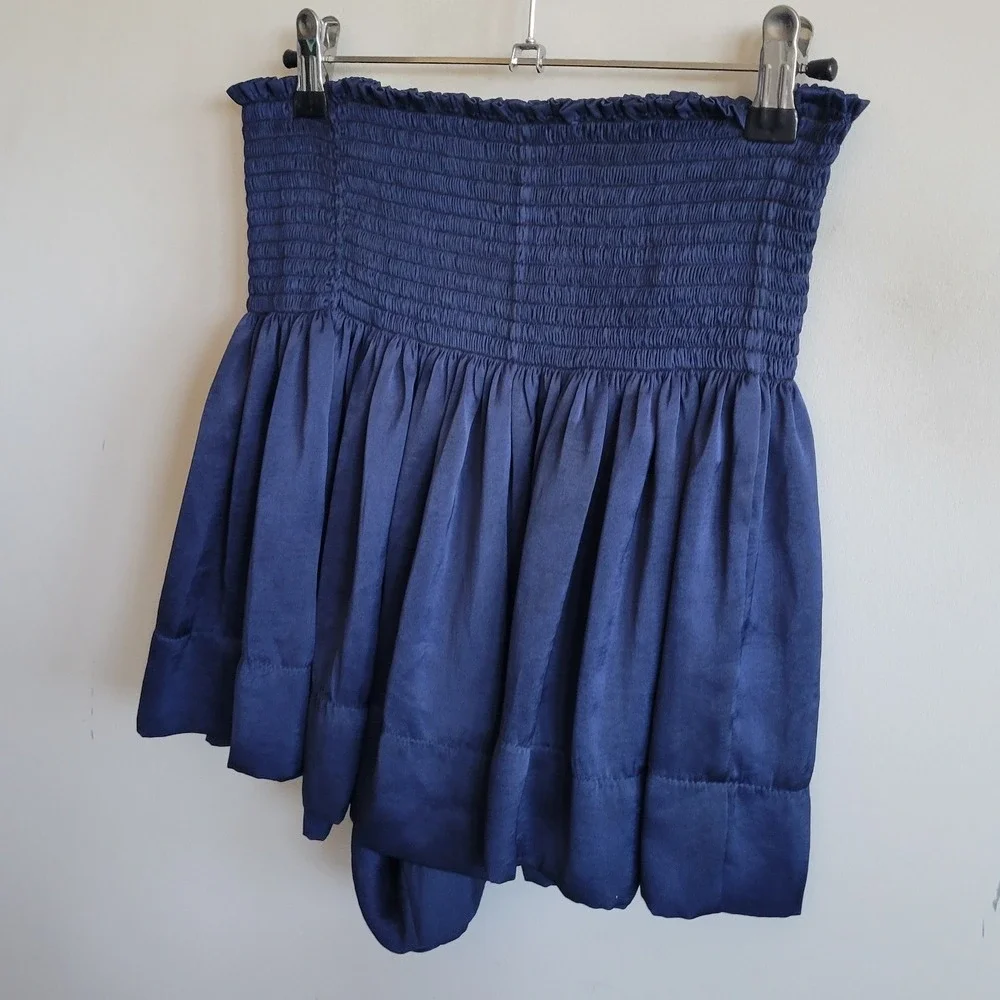 KOCH Erica Skirt Navy Blue Smocked Waist Satin Flared Mini Skirt Small USA Made - Picture 3 of 6